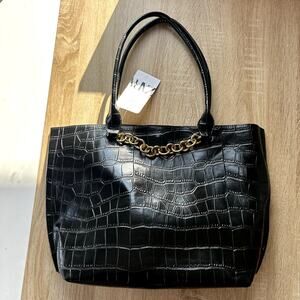 NWT Zara Gold Chain Strap Tote Bag Black Faux Croc New with imperfection